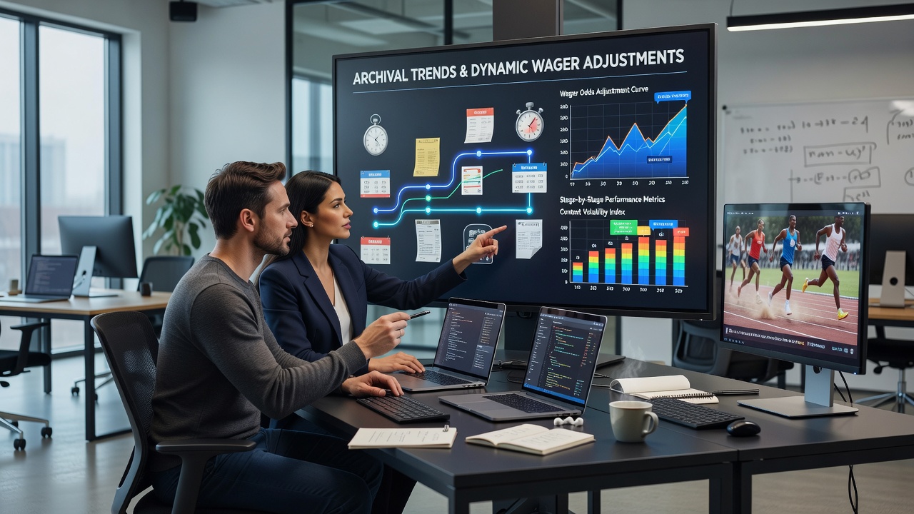 Analysts reviewing live data feeds and historical archives to adjust wagers during multi-stage athletic events
