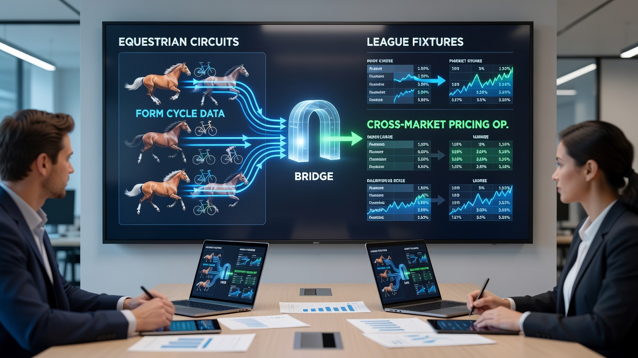 Analysts reviewing synchronized datasets from horse racing circuits and football league fixtures on multiple monitors