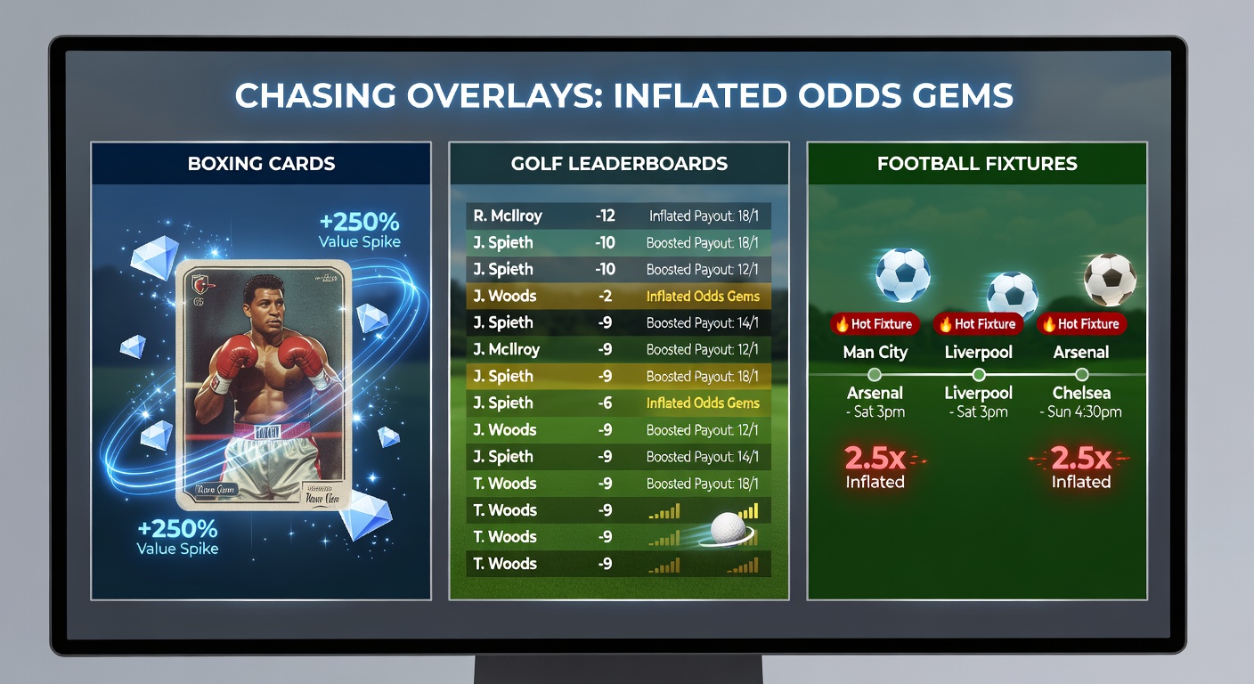 Golf leaderboard during a major tournament, showing live odds inflating for a surging mid-pack player as leaders falter on par-5 holes under sunny April skies