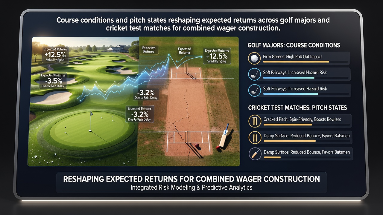 Golf course fairway and green conditions during a major championship alongside a cricket test pitch showing visible wear patterns