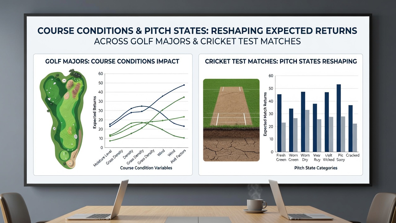 Side-by-side comparison of a hardened cricket pitch with visible cracks and a golf green under tournament conditions showing speed and firmness indicators