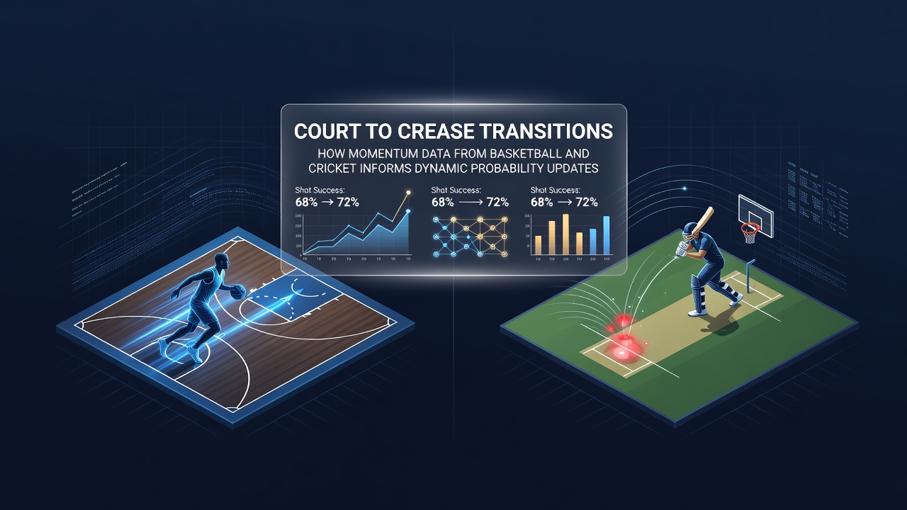 Basketball player driving toward the basket during a high-momentum scoring run while cricket crease shows batsman advancing after a boundary shot