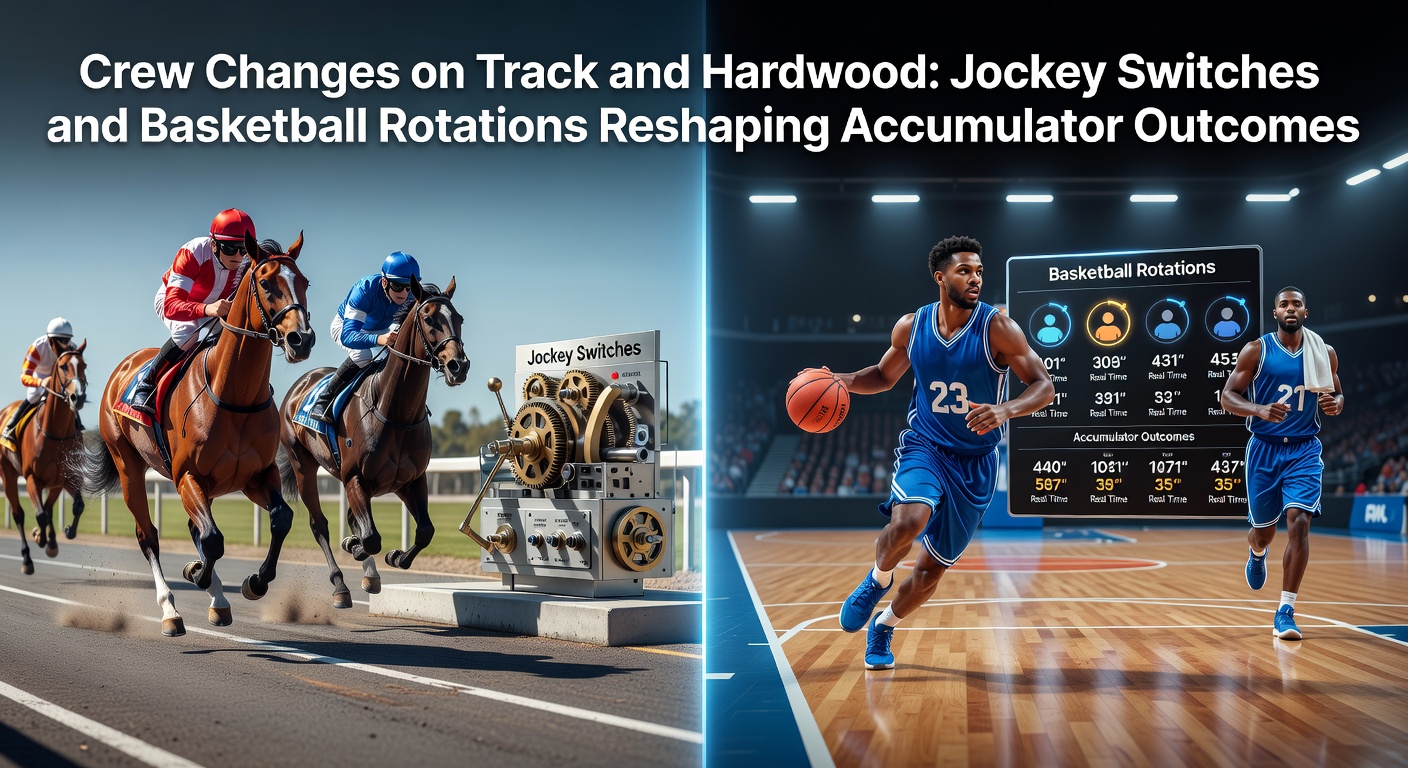 A jockey swiftly changing mounts in the paddock before a high-stakes horse race, highlighting last-minute crew adjustments that shift betting dynamics