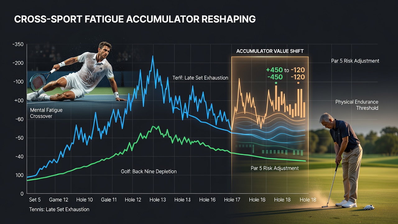Boxing ring and golf course fatigue metrics displayed alongside tennis court statistics for accumulator analysis