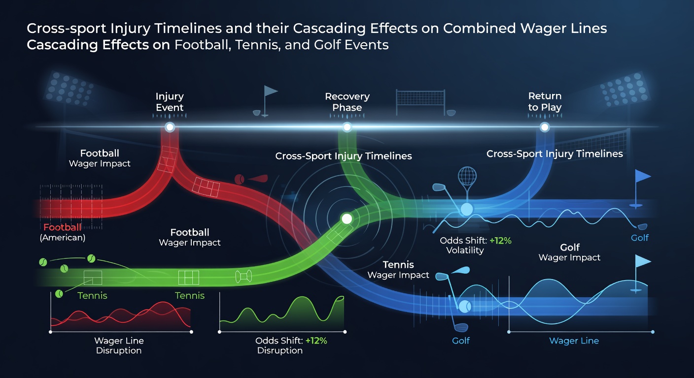 Athletes from football, tennis, and golf showing injury recovery scenarios with betting market overlays