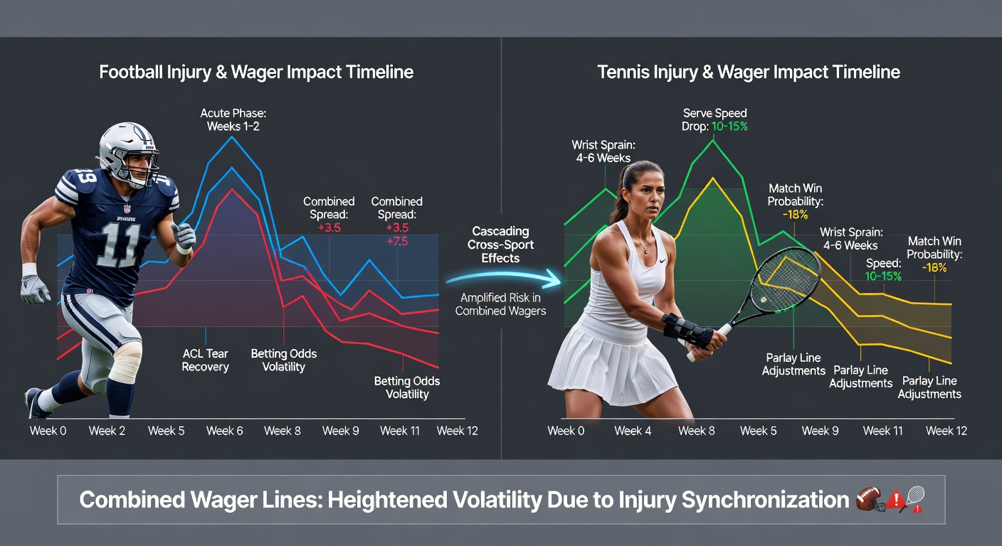 Infographic showing injury timeline charts linked to football, tennis, and golf betting accumulator adjustments