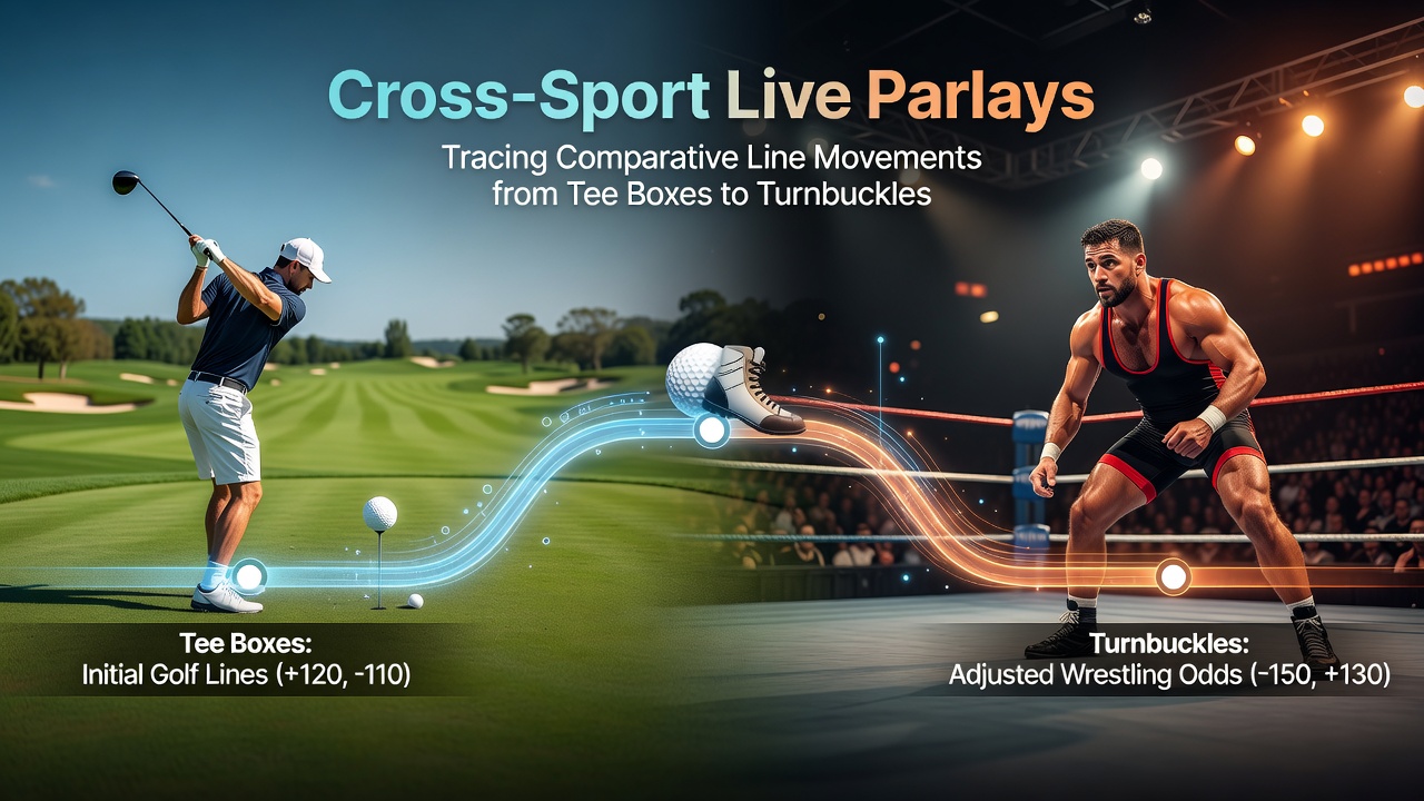 Comparative line movement charts showing golf tee box odds shifts alongside combat sports turnbuckle adjustments during live events