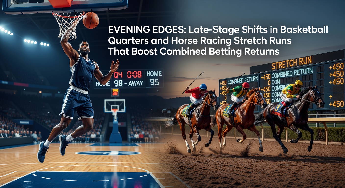 Basketball player driving to the hoop in the fourth quarter while a horse surges forward in the final stretch of a race