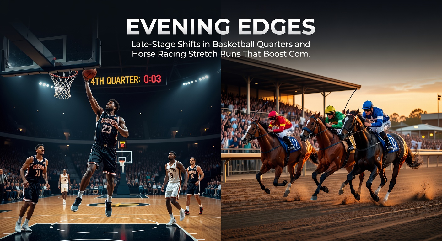 Close-up of a horse extending its stride in the stretch run next to a basketball scoreboard showing fourth-quarter action