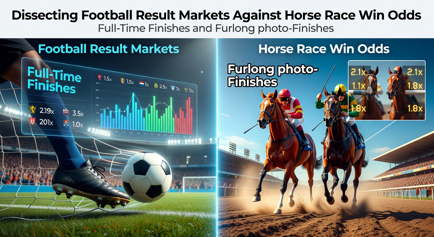 A split-image showing a tense football match ending in a close scoreline alongside a horse race photo-finish at the wire, highlighting razor-thin margins in both sports
