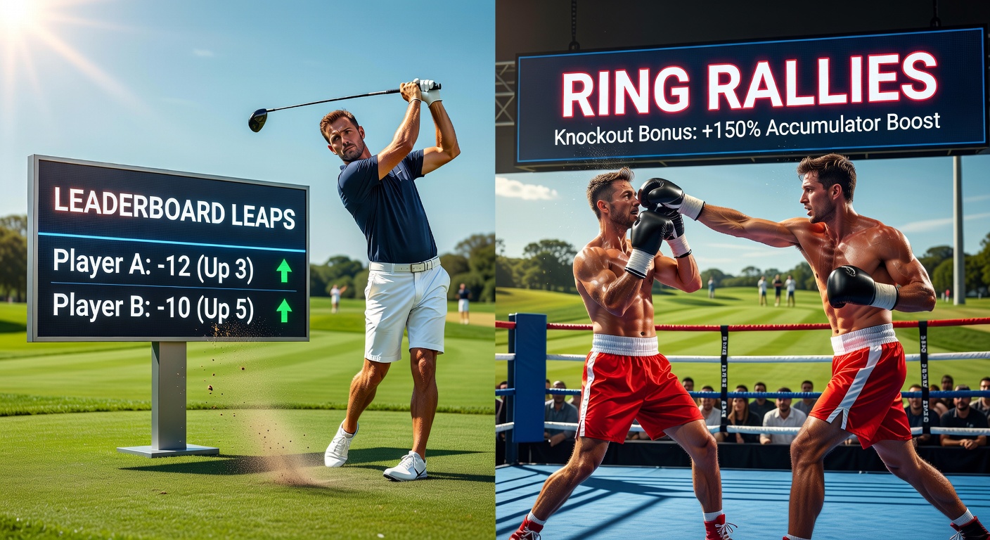 Dramatic golf leaderboard showing a player surging up positions during a major tournament, with crowd excitement in the background