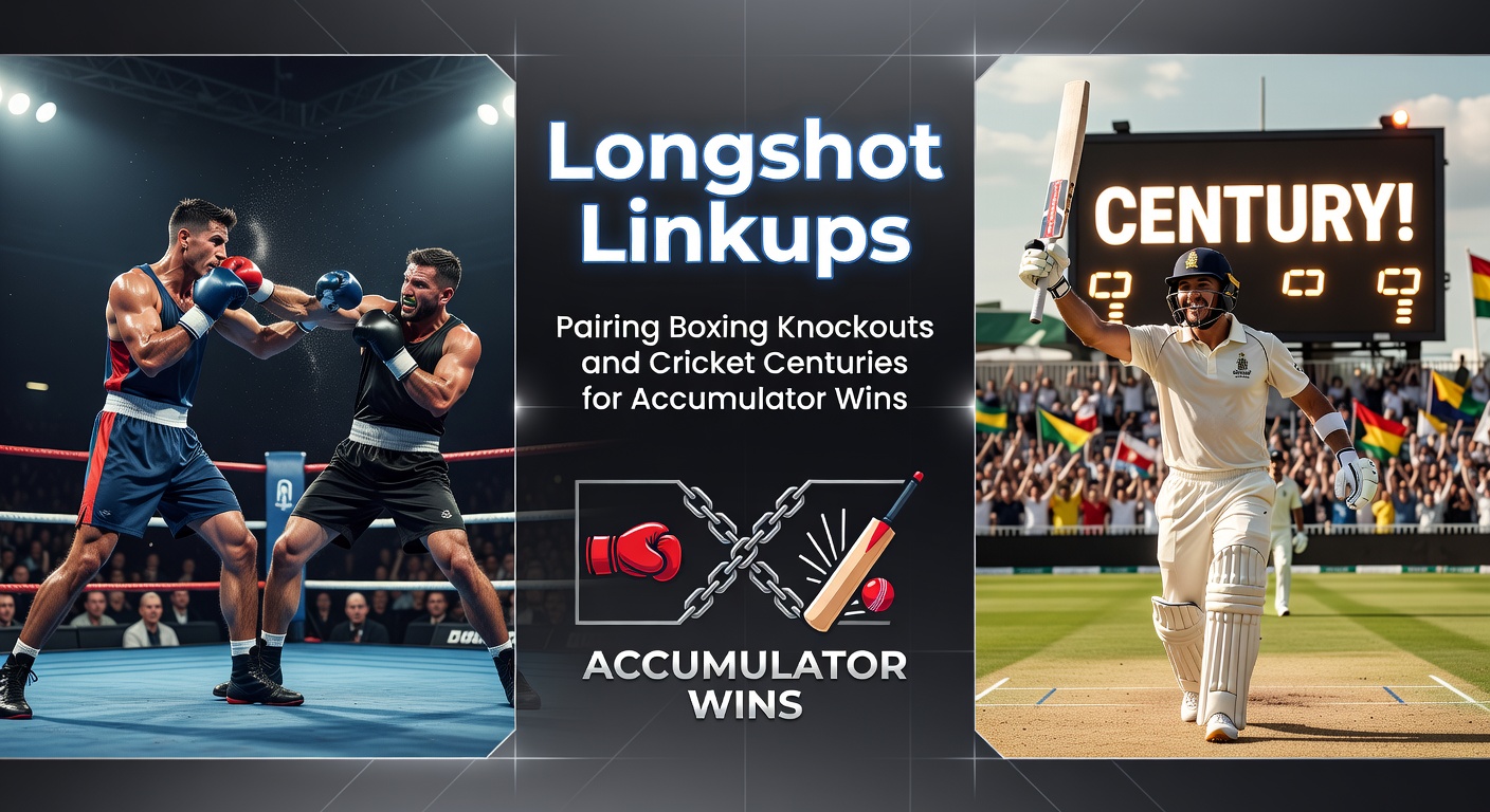 Split-image collage of a dramatic boxing ring knockout frozen in action next to a cricketer raising his bat for a century amid cheering crowds, illustrating accumulator synergy