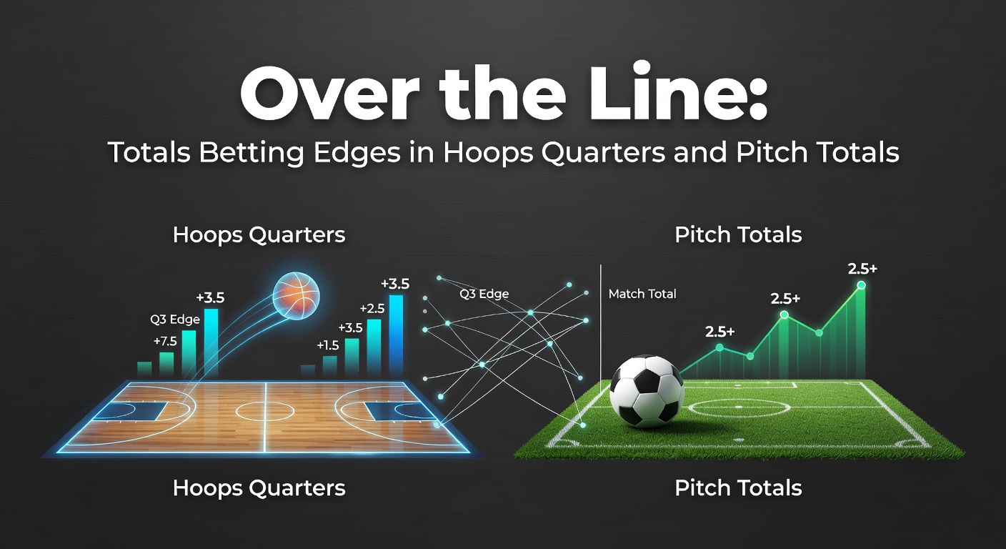 Dynamic basketball quarter action with overlaid betting totals lines highlighting scoring surges