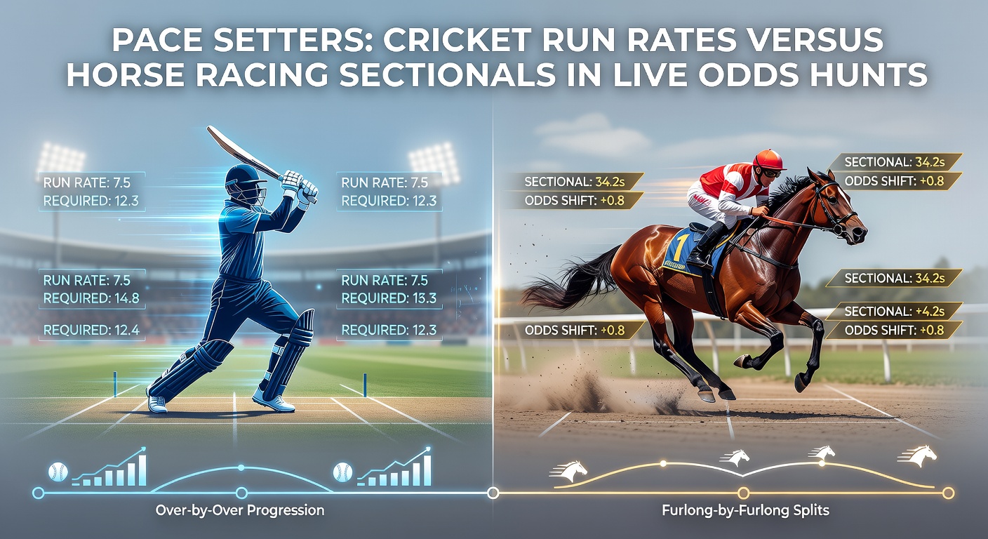 Cricket batsman sprinting between wickets during a high run-rate over, contrasted with a horse thundering down a racing straight, sectionals ticking on a digital display