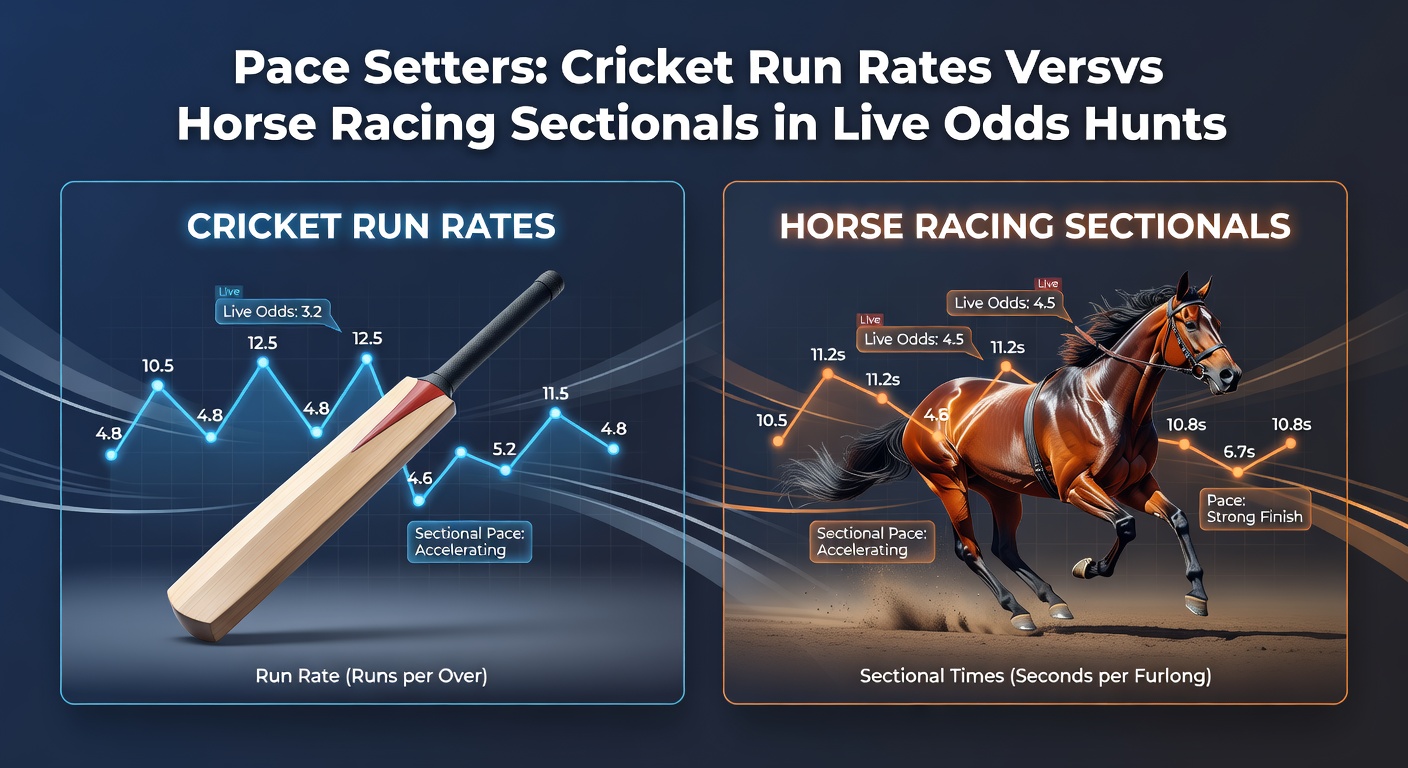 Split-screen view of a cricket scoreboard flashing a surging run rate during a T20 thriller, alongside a horse racing replay with sectional timings overlayed on galloping frontrunners