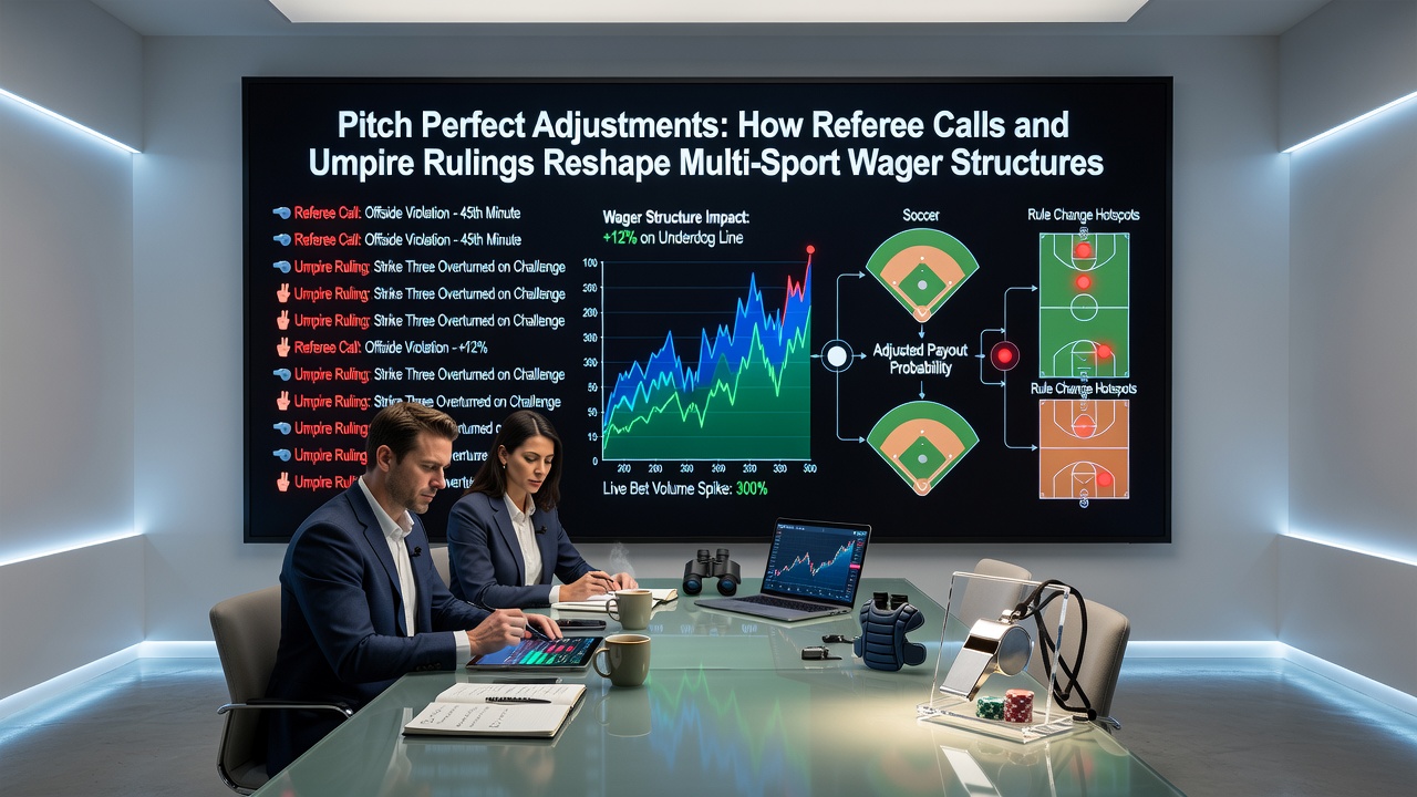 Umpire reviewing a decision on-field while betting terminals display shifting accumulator odds