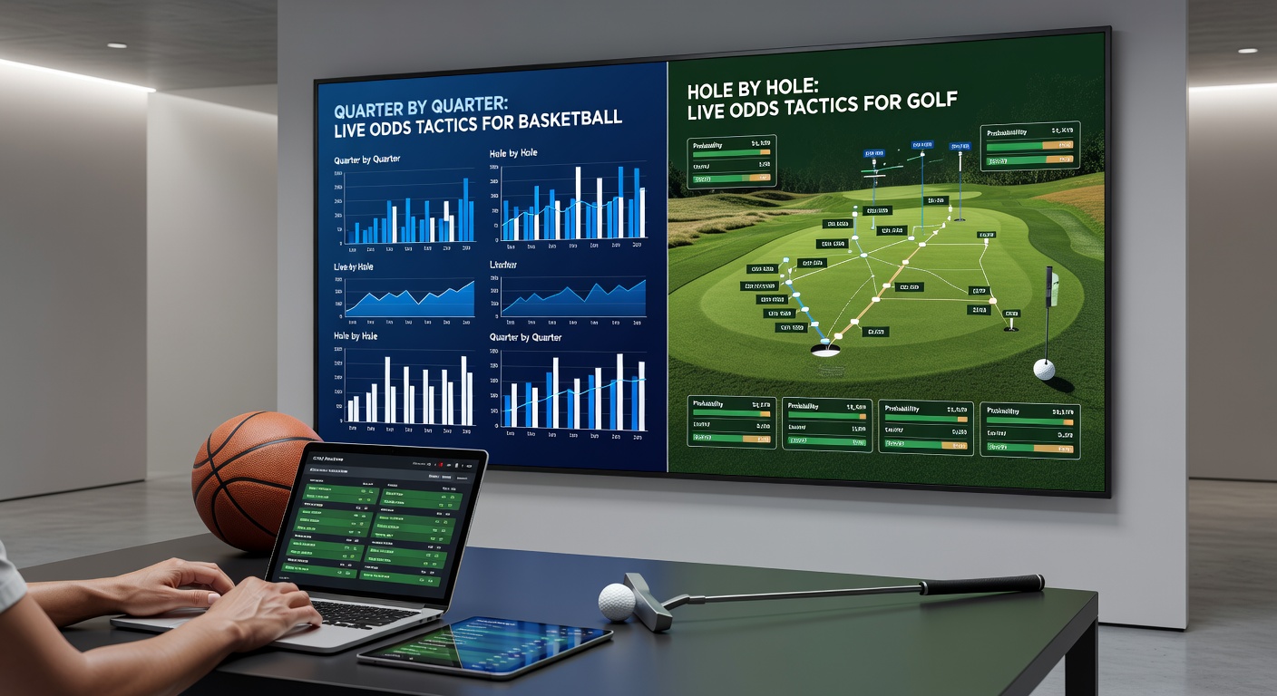 Golfers navigating a challenging hole with live odds overlay on a tournament leaderboard