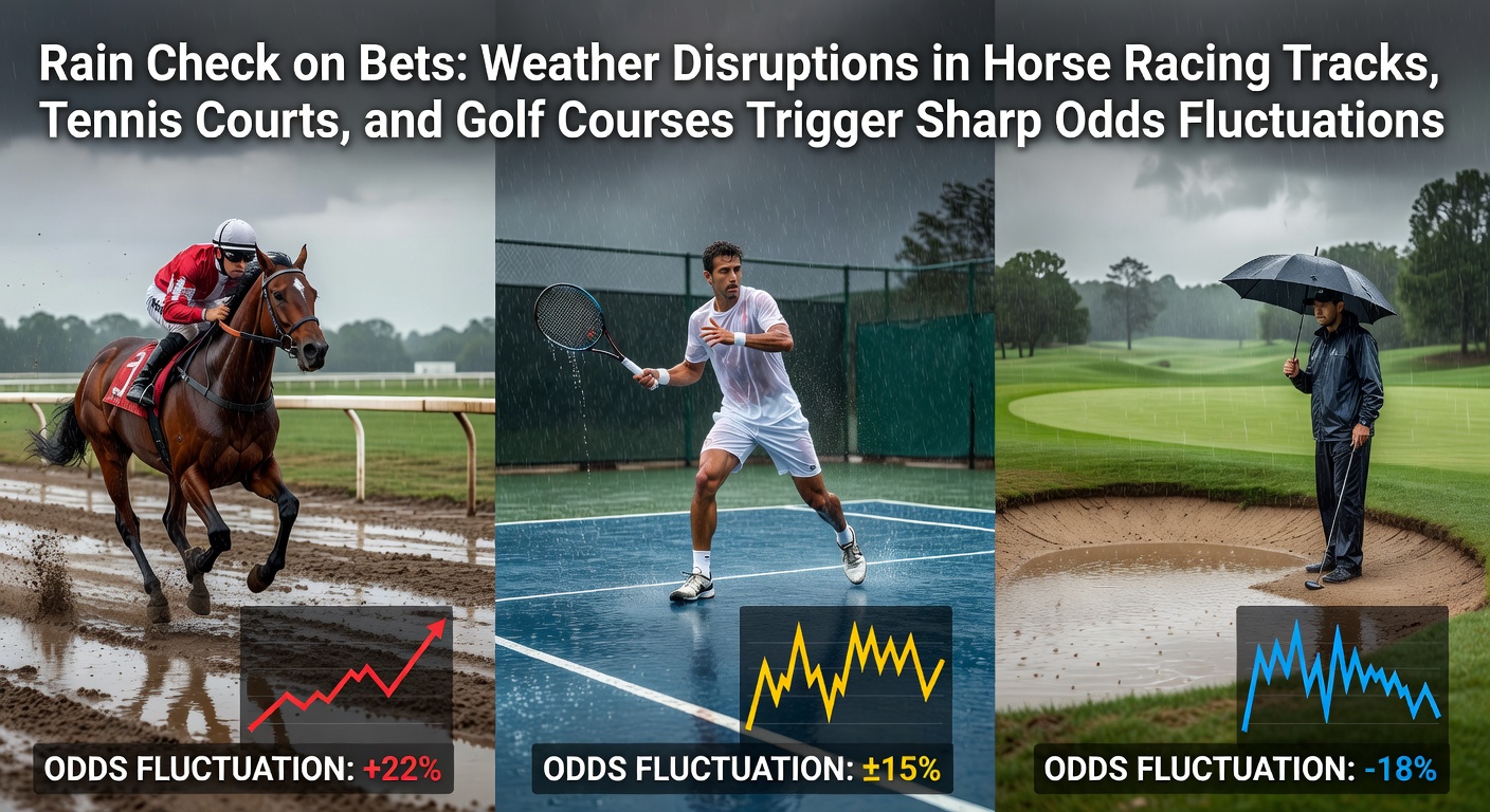 A horse racing track turned muddy under heavy rain, with jockeys navigating slippery conditions as crowds watch amid dark clouds