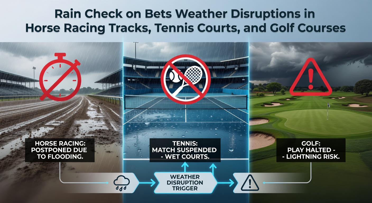 Tennis players covering a clay court with tarps during a rain delay at a major outdoor tournament, umbrellas dotting the stands