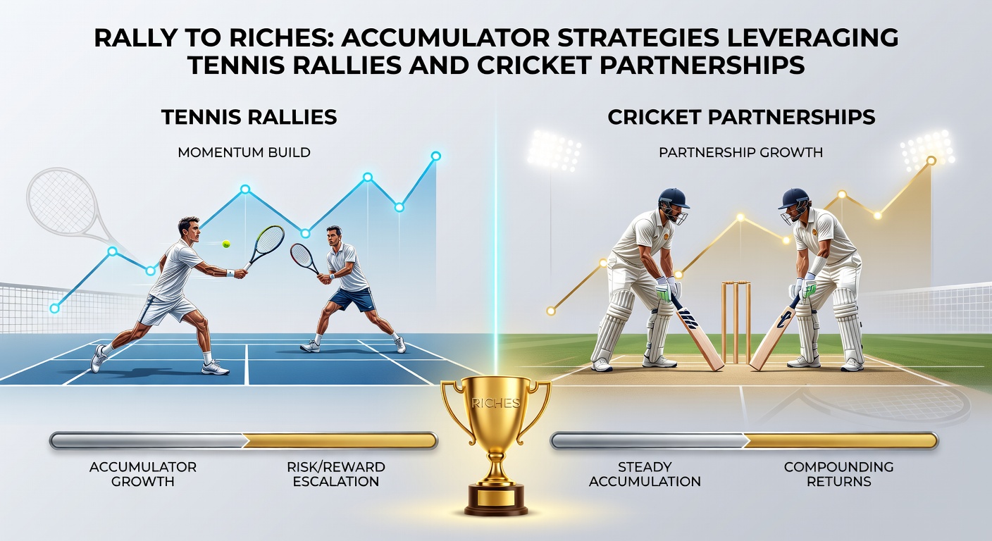 Tennis player mid-rally on clay court, with cricket batsmen in partnership visible in background overlay, symbolizing accumulator bet synergies