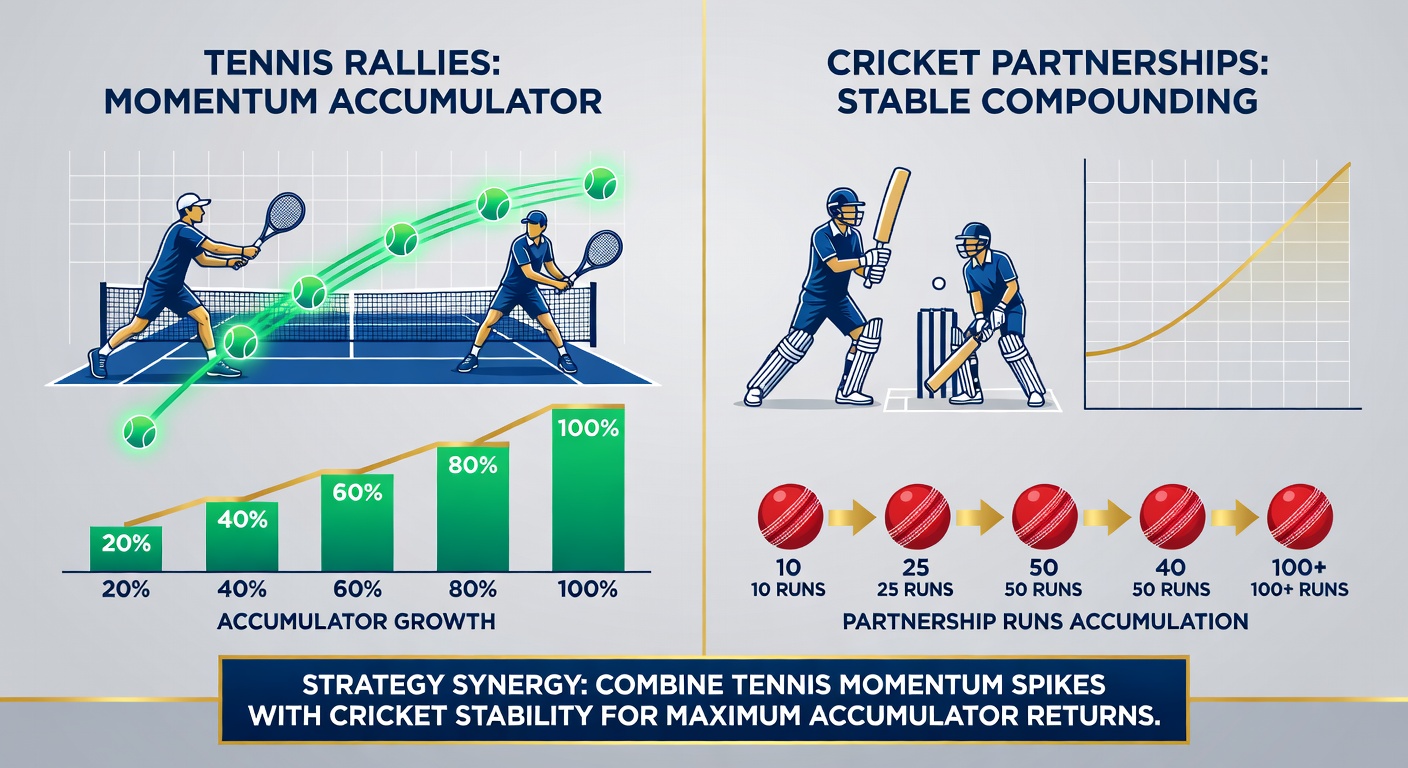 Cricket batsmen celebrating a century partnership on a sunlit pitch, overlaid with tennis rally action for accumulator theme