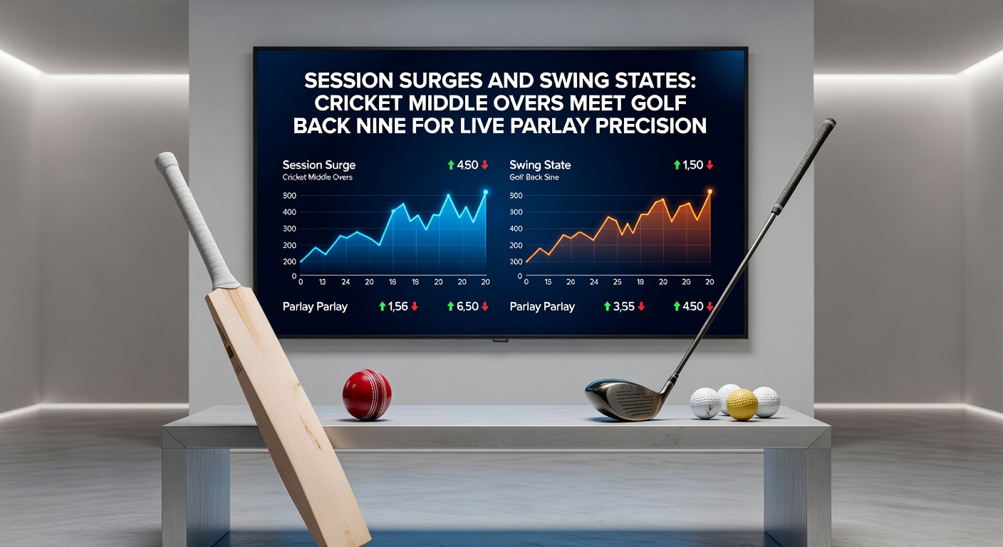 Dynamic cricket batsman driving in middle overs alongside a golfer eyeing a crucial putt on the back nine, capturing the tension of live betting surges