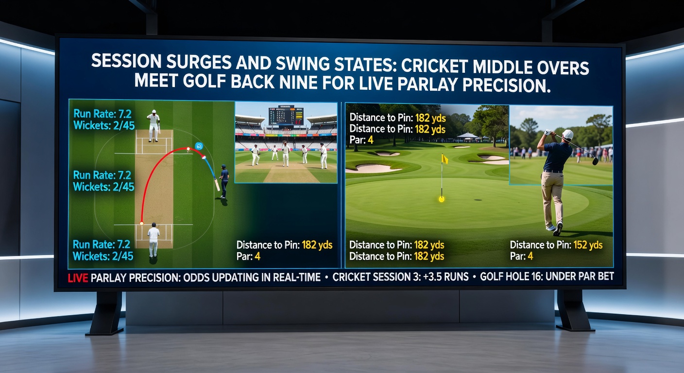 Close-up of a tense cricket bowler mid-delivery in middle overs paired with a golfer navigating a treacherous back-nine bunker, highlighting surge opportunities