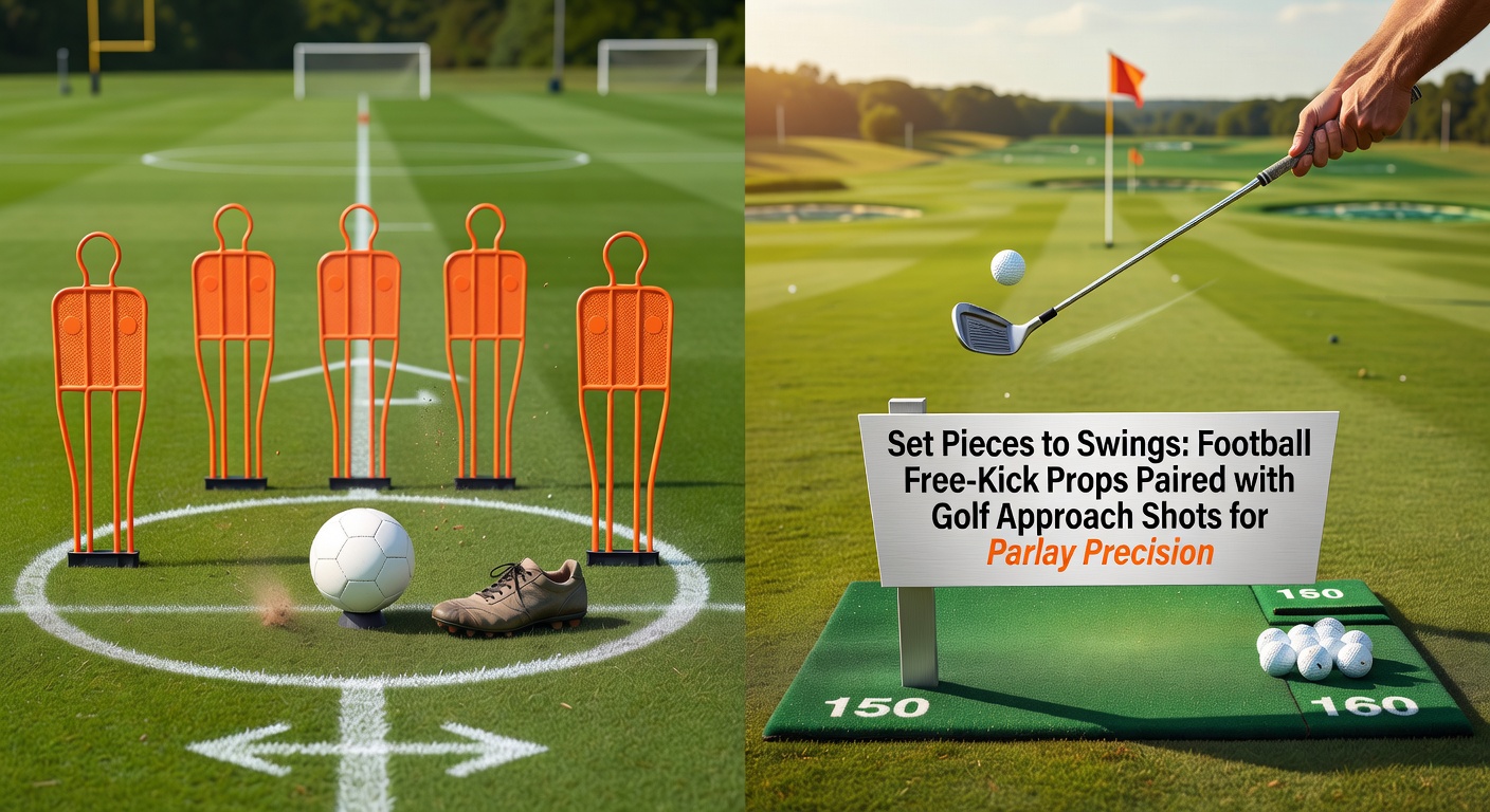 A dynamic scene capturing a soccer player striking a free-kick curling toward goal alongside a golfer executing a precise approach shot to the pin, symbolizing betting synergy