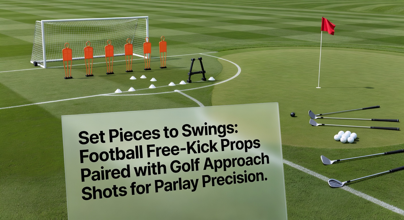 Close-up of a golfer mid-swing on a lush fairway approaching the green, paralleled by a soccer free-kick arcing over the wall, illustrating prop alignment in betting parlays