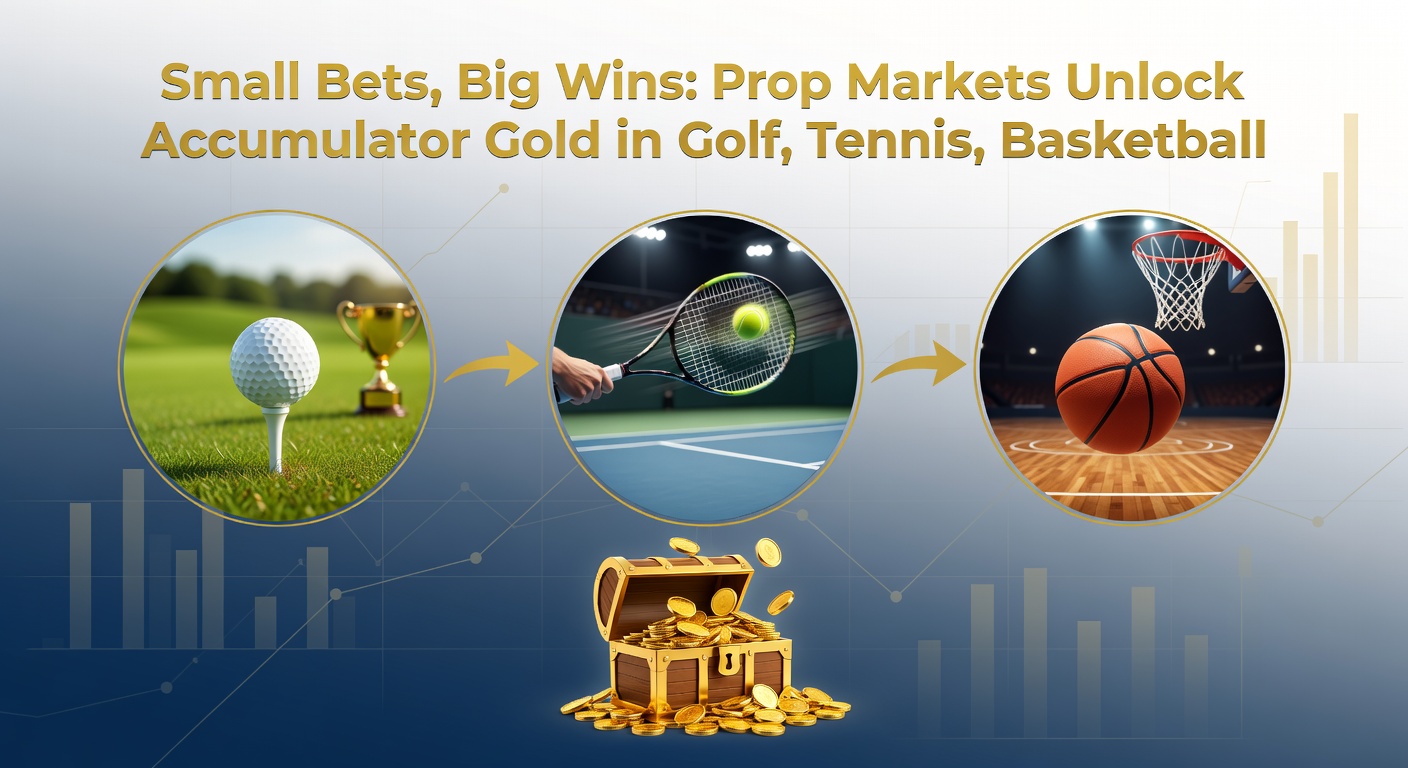Dynamic split-image of tennis racket smashing an ace, basketball player grabbing a rebound mid-air, and golf ball dropping into the cup, symbolizing interconnected prop bet multipliers