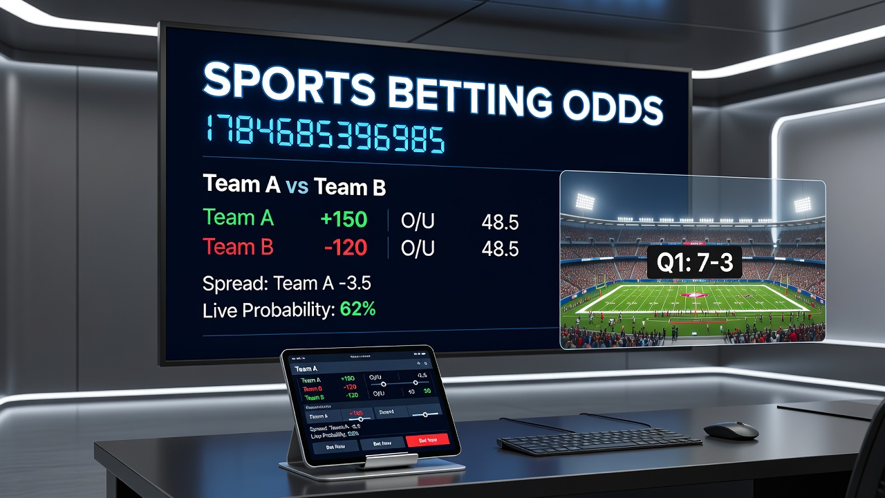 Sports betting odds displayed on a digital screen showing various formats and numbers