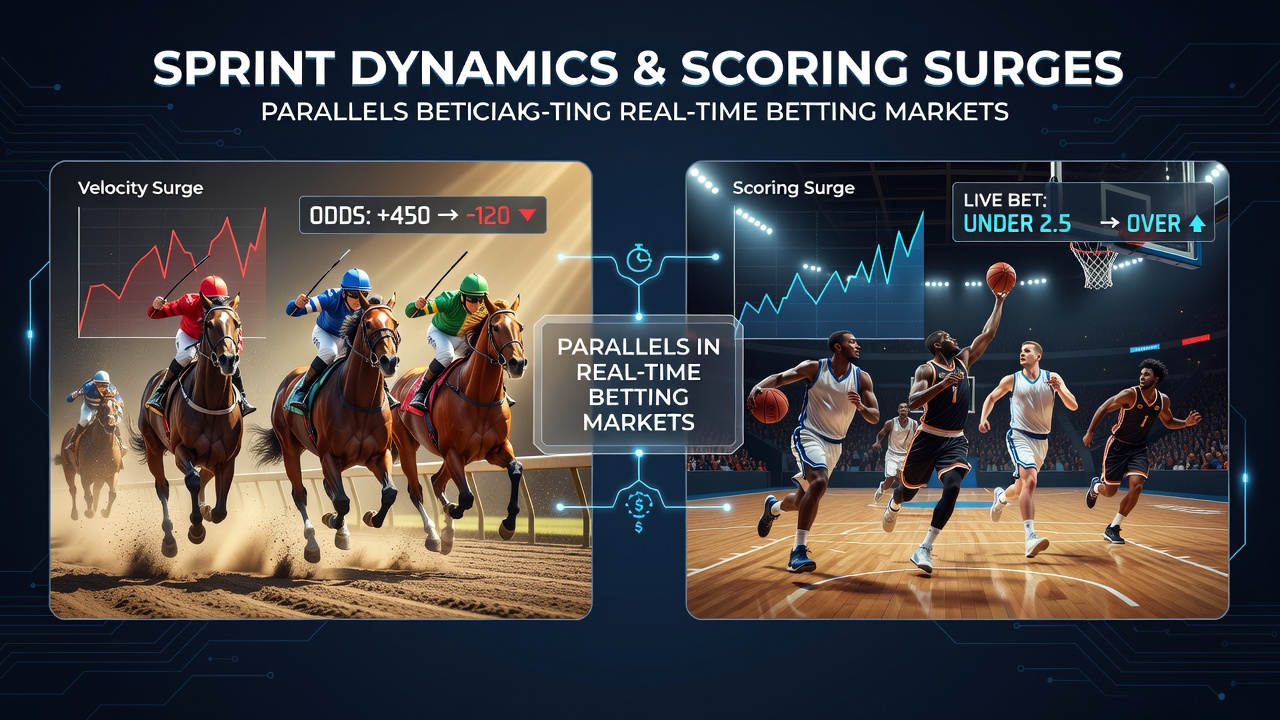 Dynamic illustration showing horse racing breakaways alongside basketball fast breaks and their impact on live betting odds interfaces