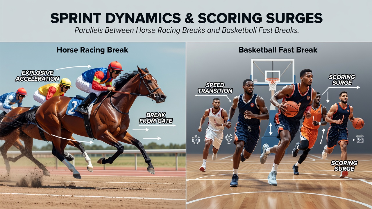 Split-screen view of basketball fast-break action and corresponding real-time odds fluctuations on betting terminals