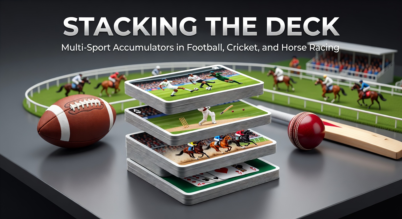 Vibrant depiction of a multi-sport accumulator bet combining football pitch action, cricket batsman swing, and horse racing finish line thrill