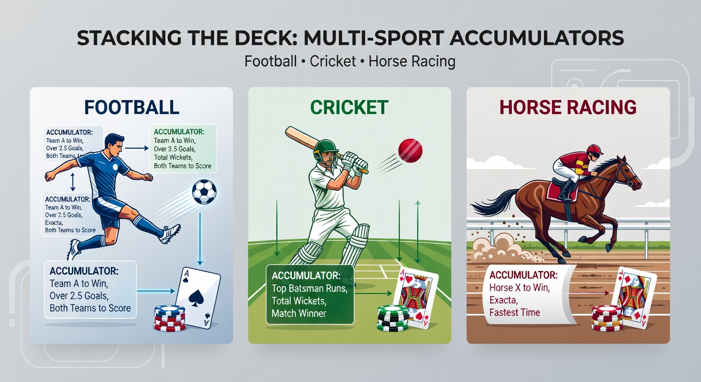 Dynamic graphic showing stacked accumulator slips across football goals, cricket wickets, and thundering horse race fields