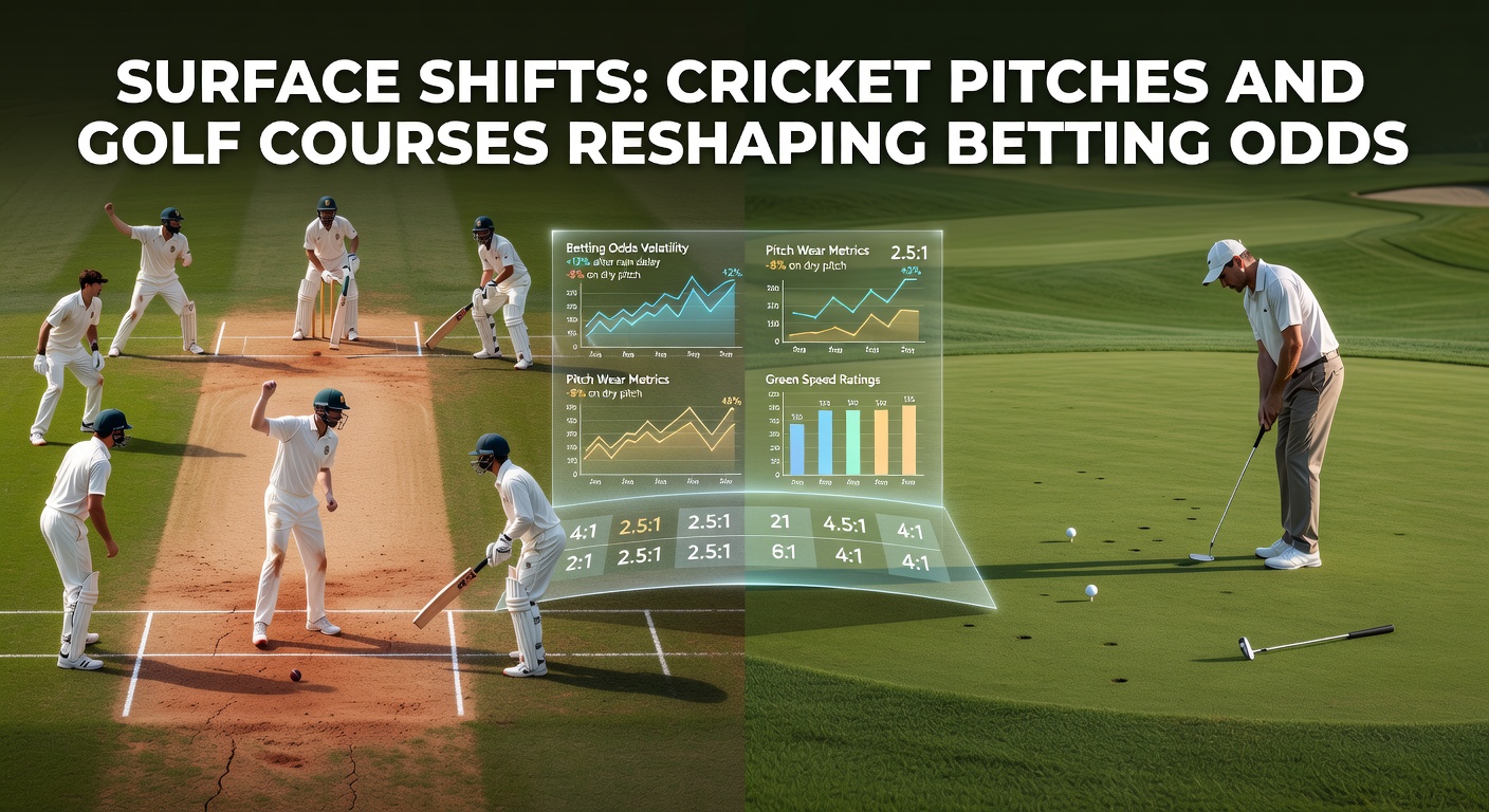 A close-up view of a dry, cracked cricket pitch under bright sunlight, with a bowler mid-action highlighting how surface wear influences spin and bounce