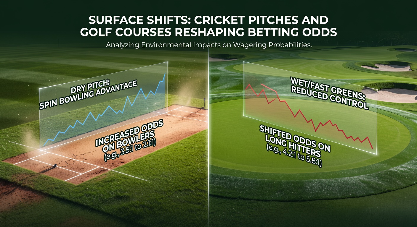 Aerial shot of a rugged golf course with undulating fairways and pot bunkers under overcast skies, illustrating how terrain and elements alter scoring patterns and betting lines