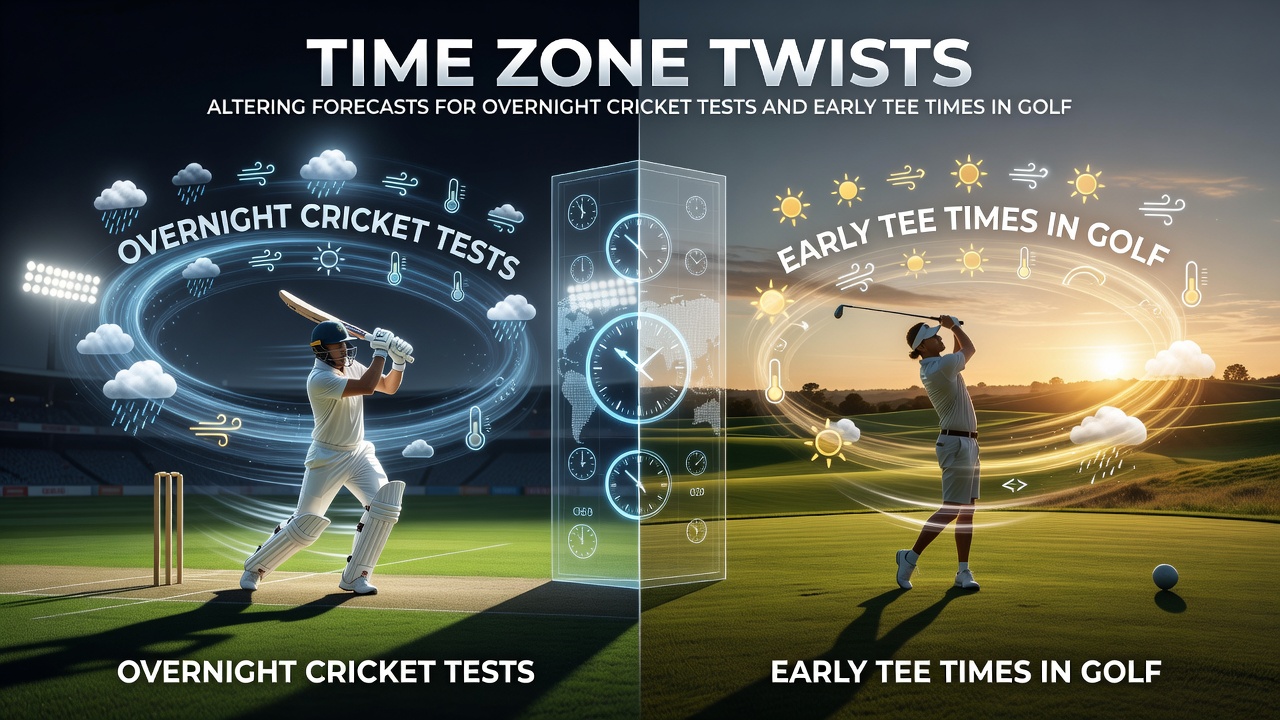 Cricket players under floodlights during an evening Test match session with a world map overlay showing time zones
