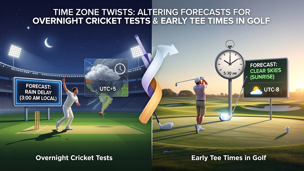 Golf course at dawn with players preparing for early tee times and a clock graphic illustrating time zone offsets