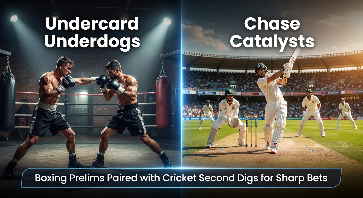 Boxing ring action during a prelim bout paired with a tense cricket chase in the second innings, highlighting betting opportunities
