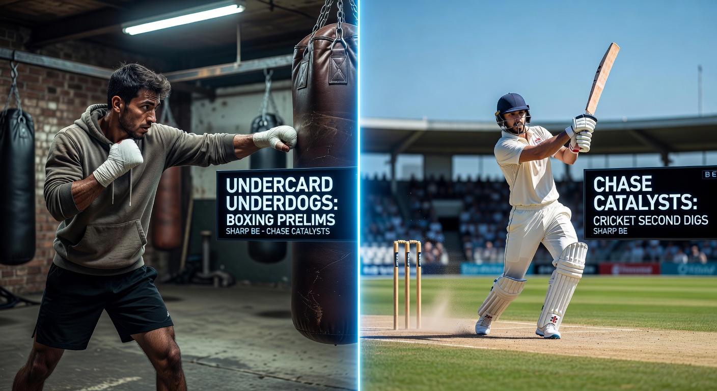 Cricketers celebrating a wicket during a tense second-innings chase, contrasted with a boxing underdog landing a pivotal punch