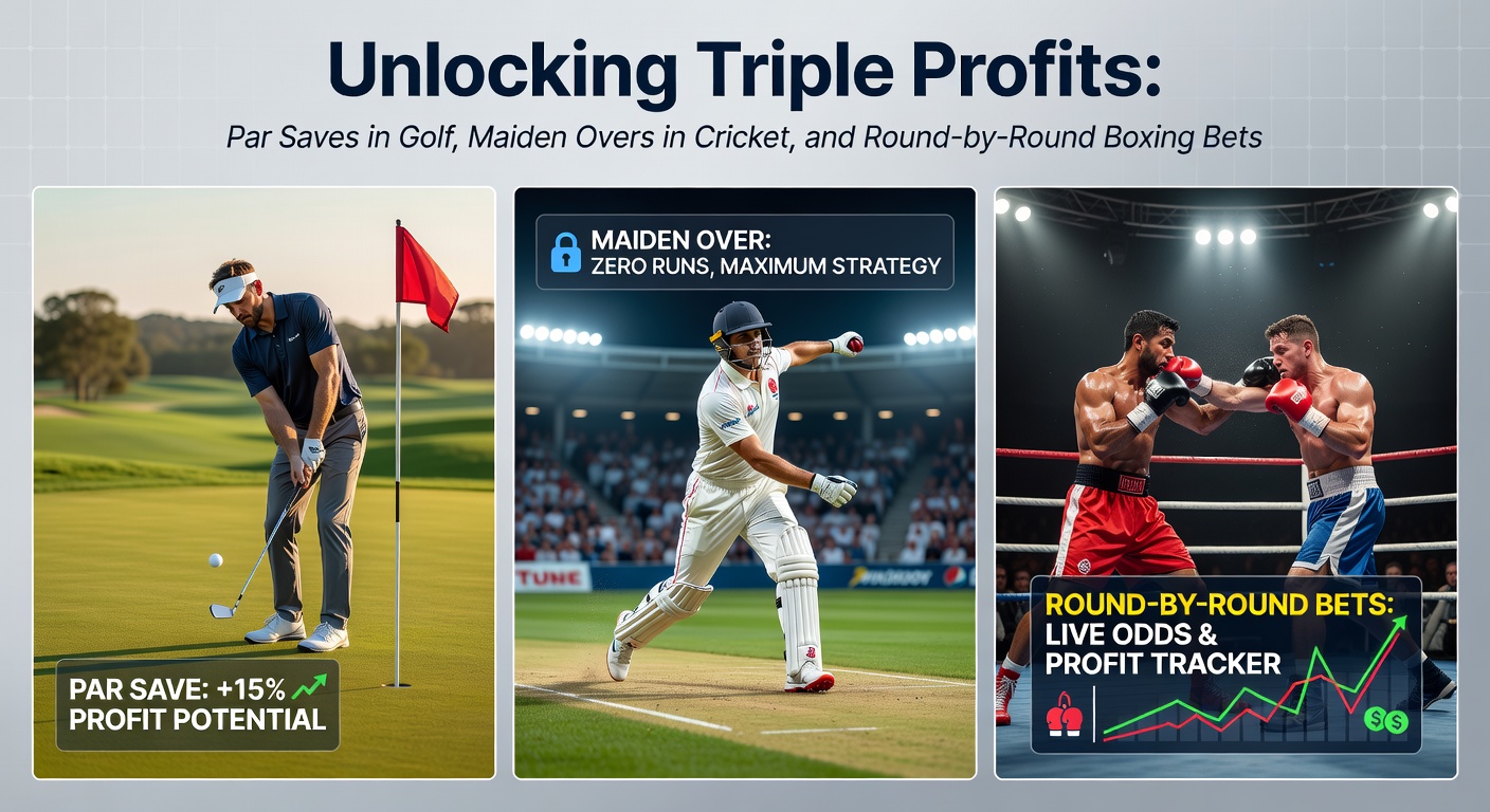 Collage showing a golfer saving par on the green, a cricket bowler celebrating a maiden over, and a boxer landing a punch mid-round, highlighting key betting moments across sports