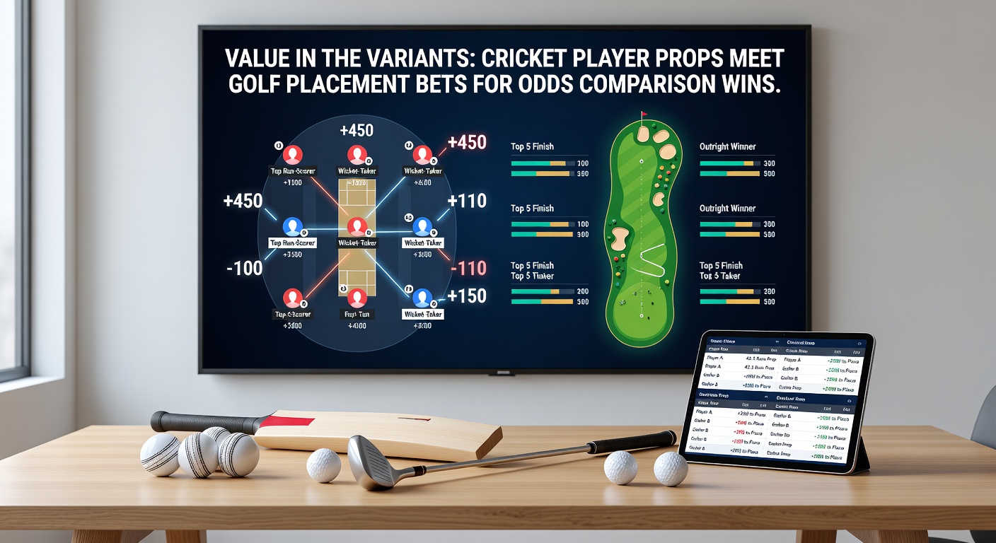 Cricket batsman mid-swing on a sunlit pitch alongside a golfer lining up a precise approach shot, symbolizing the blend of player-specific props and placement markets