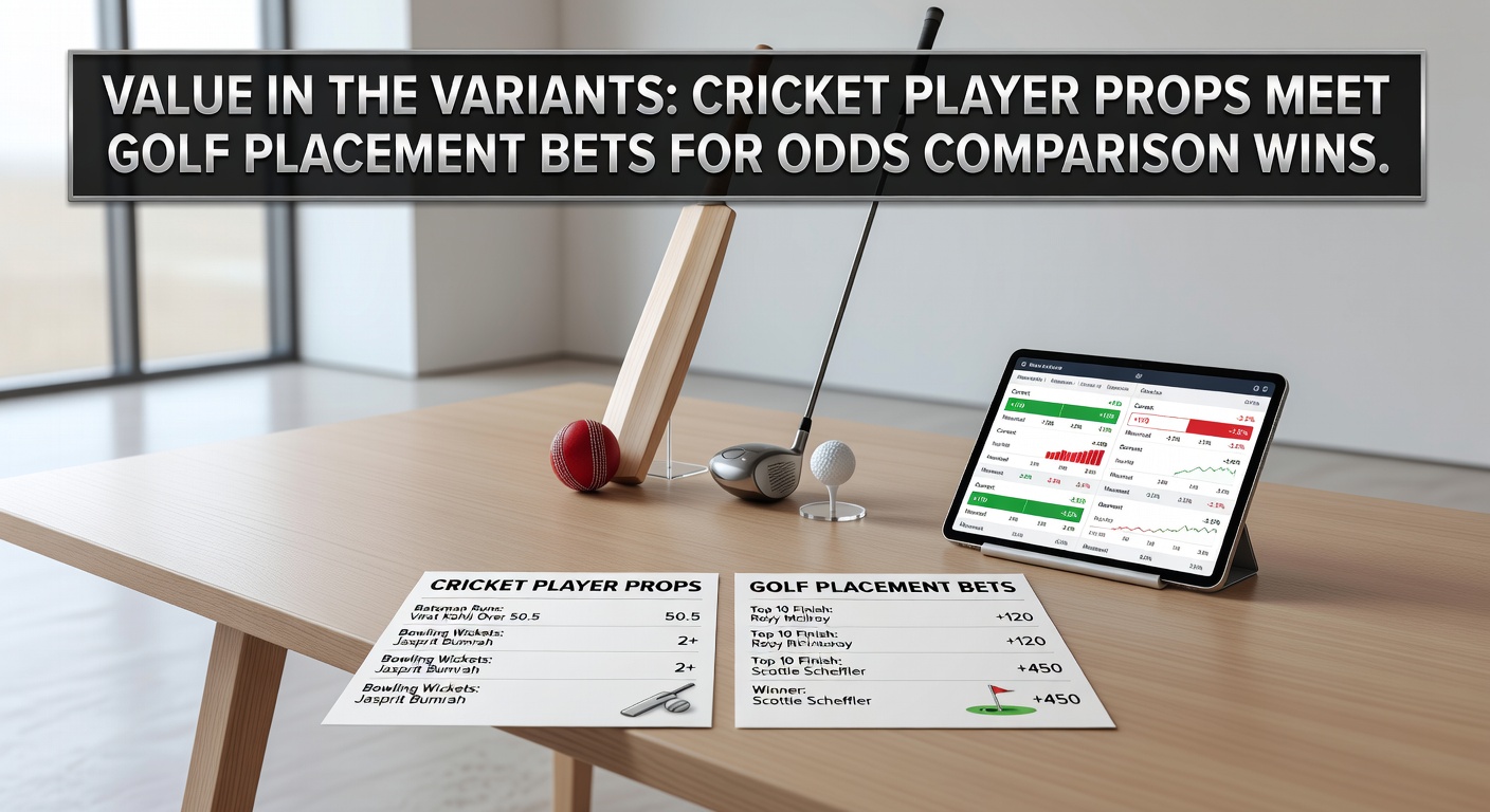 Split-screen graphic comparing odds tables for a cricket player's wicket prop and a golfer's top-10 placement bet, highlighting value discrepancies across bookmakers