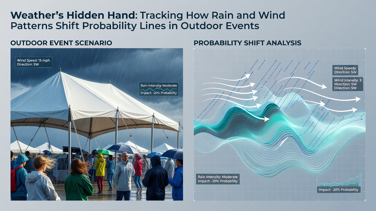 Golf course and horse racing track under rain and wind conditions showing surface changes