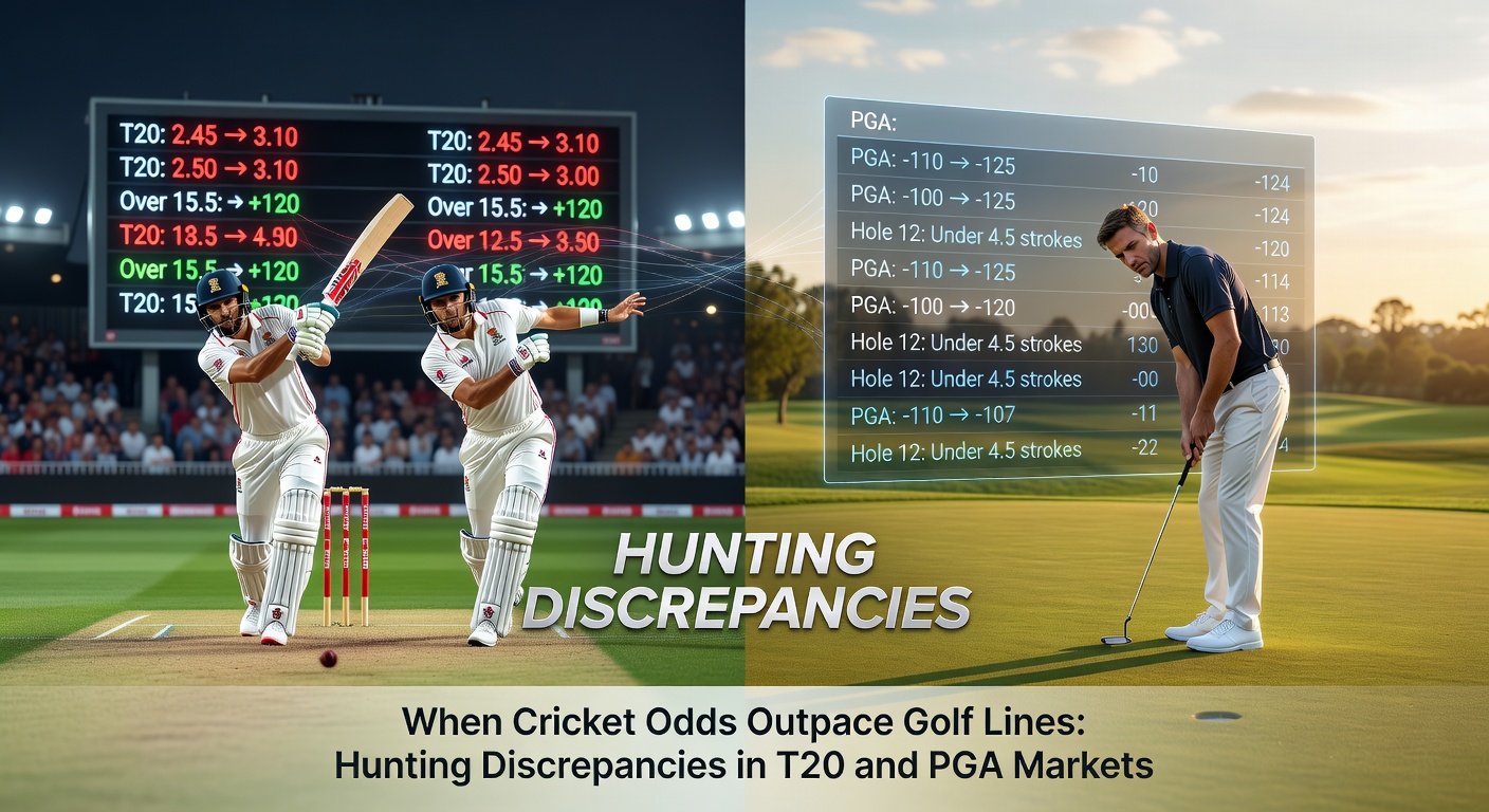 Dynamic split-screen of a T20 cricket powerplay burst alongside a PGA golfer lining up a crucial putt, highlighting rapid odds shifts in both sports