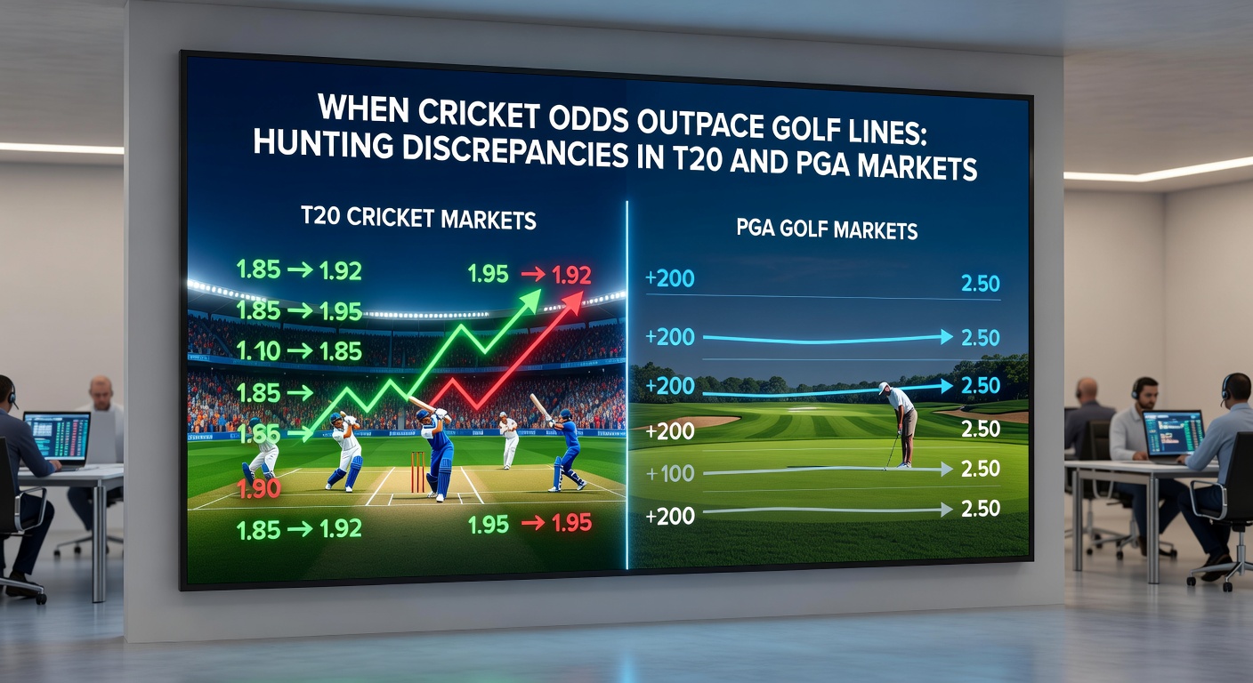 Close-up of odds screens displaying T20 live betting alongside PGA tournament futures, with arrows pointing to mismatched probabilities