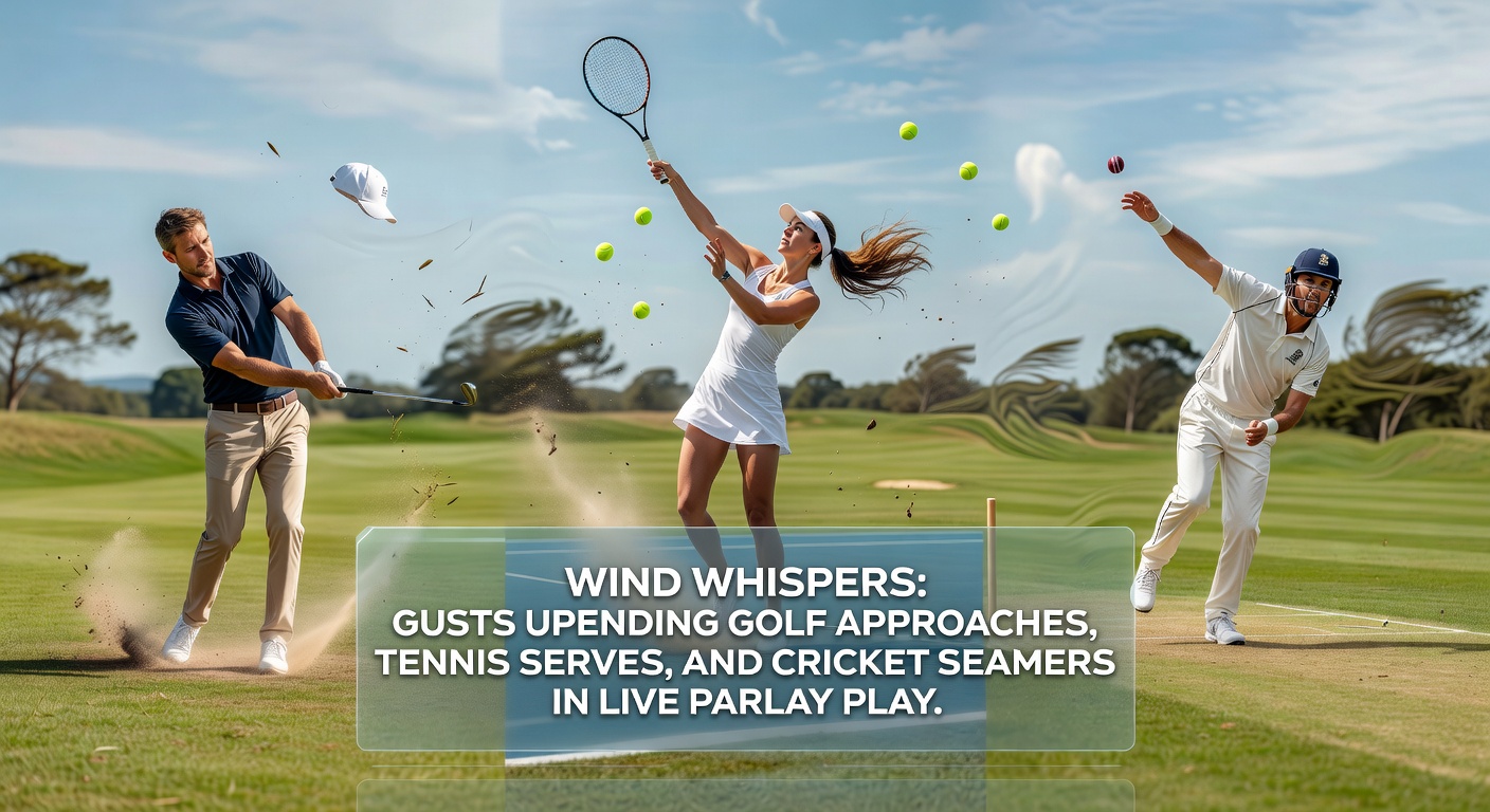 Tennis player serving into a strong headwind during an outdoor match, racket slicing through turbulent air near a net fluttering wildly